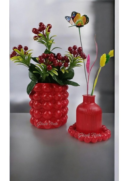 Gözdehobi Çizgili Iskandinav Mini Vazo ve Bubble Tabak Özel Tasarım Hediyelik