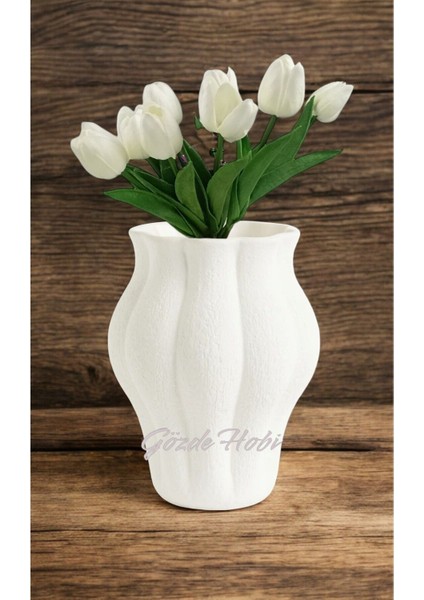 Gözdehobi Stoneware El Yapımı Yapay Çiçek Vazo Beyaz Hediyelik