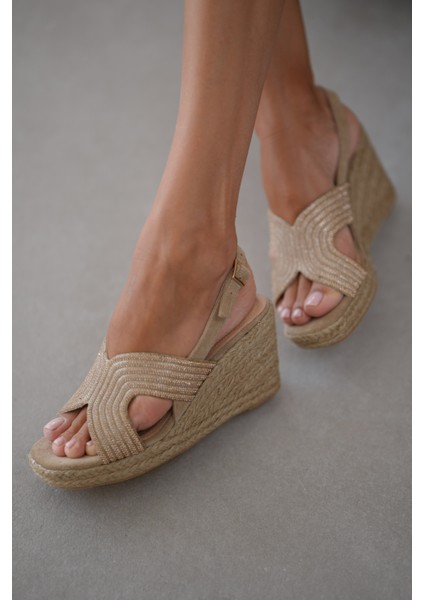 Viona Hakiki Deri Parıltılı Taş Detaylı Espadrille Sandalet- Bej