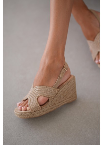 Viona Hakiki Deri Parıltılı Taş Detaylı Espadrille Sandalet- Bej fiyatları