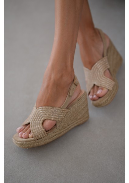 Viona Hakiki Deri Parıltılı Taş Detaylı Espadrille Sandalet- Bej modelleri