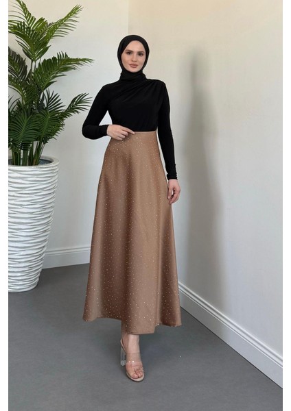 Ficus Taşlı Saten Etek Vizon