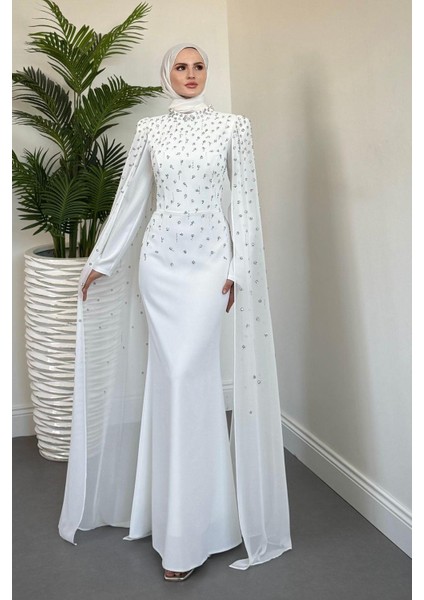 Flow Taşlı Pelerinli Abiye Beyaz