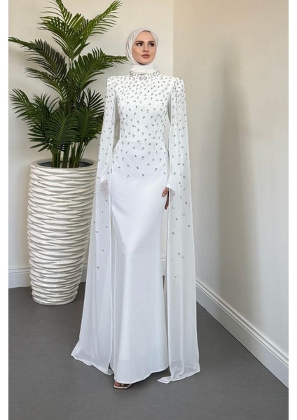 Flow Taşlı Pelerinli Abiye Beyaz fiyatları