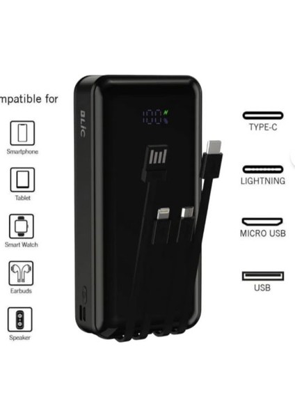 Bpb6 20.000MAH Powerbank Siyah 4 Cihaz Aynı Anda Şarj Dahili 3in1 Kablo