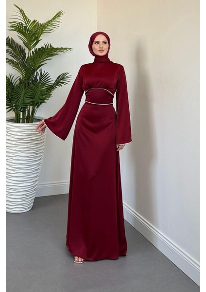 Vlasi Kolu ve Beli Baget Taşlı Saten Abiye Bordo fiyatları