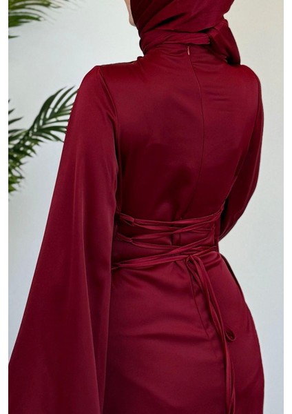 Vlasi Kolu ve Beli Baget Taşlı Saten Abiye Bordo indirimleri