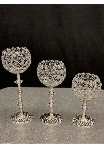 Kristal Taşlı Ayaklı Gümüş Şamdan 3'lü Set fiyatları