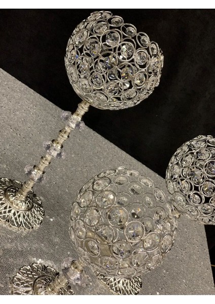 Kristal Taşlı Ayaklı Gümüş Şamdan 3'lü Set modelleri