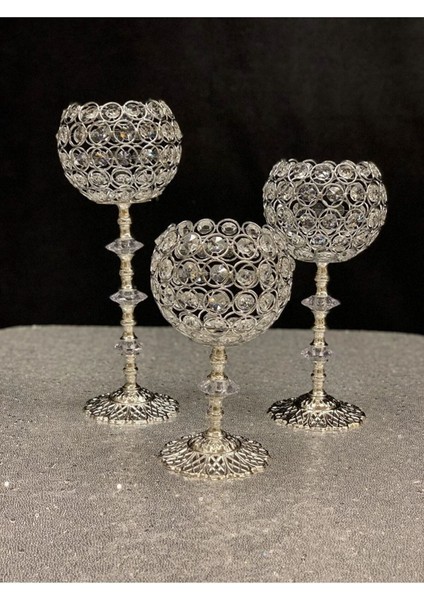 Kristal Taşlı Ayaklı Gümüş Şamdan 3'lü Set indirimleri
