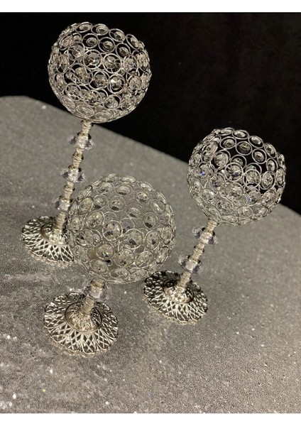 Kristal Taşlı Ayaklı Gümüş Şamdan 3'lü Set