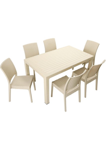 Rattan Masa Takımı 90x150 Camsız Masa 6 Kişilik Rattan Sandalye Seti Bahçe Balkon Teras Takımı