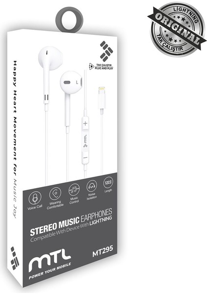 iPhone 5c Uyumlu Tak Çalıştır Stero Lightning Kulaklık MT-A295