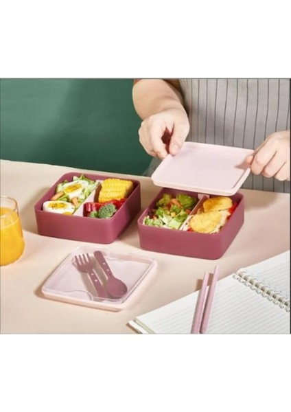 Prime Smart Bölmeli 2 Katlı Çatal Kaşıklı Pembe Beslenme Kabı Kare - Mürdüm fiyatları