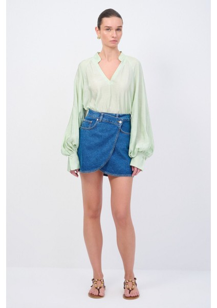 Moda Tutkusu Asimetrik Mini Denim Etek