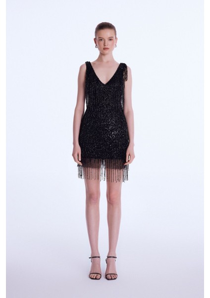 Night Zoom V Yaka Mini Elbise