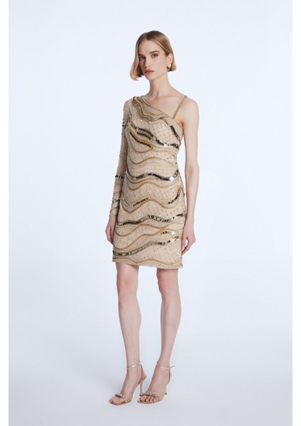 Mert Aslan Tek Omuz İşlemeli Mini Elbise