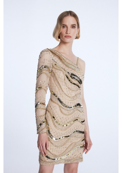 Mert Aslan Tek Omuz İşlemeli Mini Elbise fiyatları