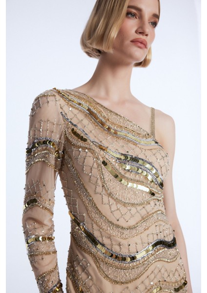 Mert Aslan Tek Omuz İşlemeli Mini Elbise modelleri