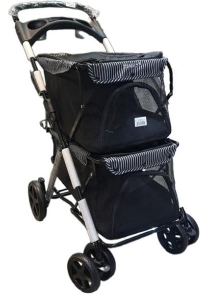 İki Katlı Evcil Hayvan Arabası 85x51x100cm Siyah Max 10+10 Kg