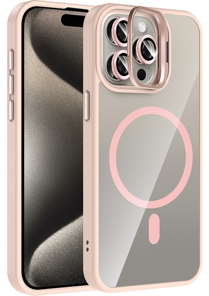 iPhone 15 Pro Max Kılıf Standlı ve Kamera Lens Hediyeli M-Safe Şarj Özellikli Blt Etro Kapak - Pemb