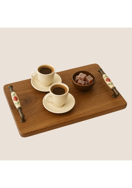 Ceviz Ağacından El Yapımı Ahşap Sunum Tepsisi – 24X41 cm | Metal Kulplu Rustik Servis Tepsisi fırsatları