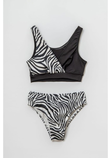 Kız Çocuk Siyah-Beyaz Desenli Bikini Takımı
