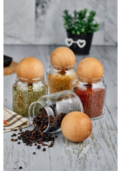4'lü Top Kapaklı Kavanoz Seti, Ahşap Kapaklı Cam Saklama Kabı, Baharat ve Şekerlik fiyatları