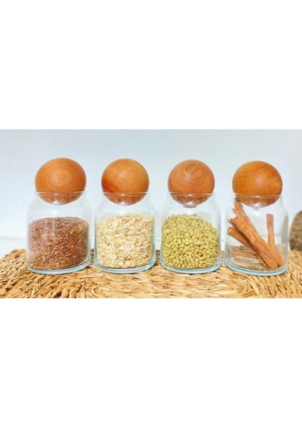 4'lü Top Kapaklı Kavanoz Seti, Ahşap Kapaklı Cam Saklama Kabı, Baharat ve Şekerlik modelleri