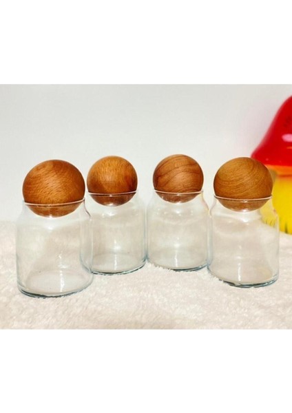 4'lü Top Kapaklı Kavanoz Seti, Ahşap Kapaklı Cam Saklama Kabı, Baharat ve Şekerlik fırsatları