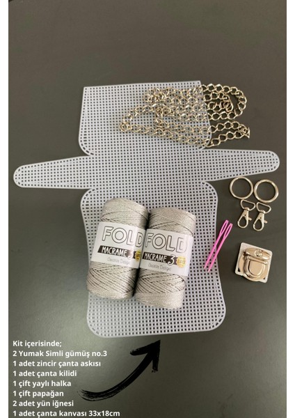 Kanvas Çanta Örgü Kiti 45X21 cm Gümüş Simli Polyester Makrome No.3 Simli Ip
