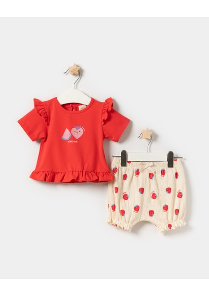 Kız Bebek Fırfır Detaylı T-Shirt Örme Müslin Şortlu Yazlık Ikili Takım
