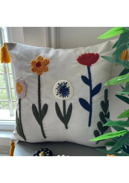 Comfort Punch Desenli Kırlent Kılıfı Kare Dekoratif Bohem Nakışlı Koltuk Yastık Kılıfı Panç 45X45