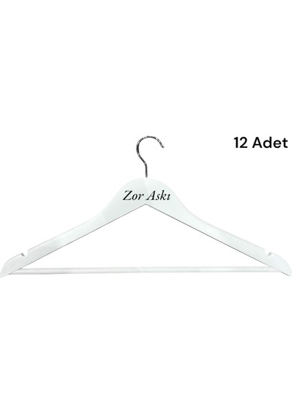 Ahşap Askı Barlı Elbise Pantolon Askısı Gömlek Askısı Beyaz Renk 12 Adet
