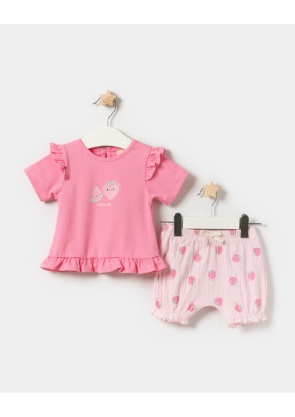 Kız Bebek Fırfır Detaylı T-Shirt Örme Müslin Şortlu Yazlık Ikili Takım