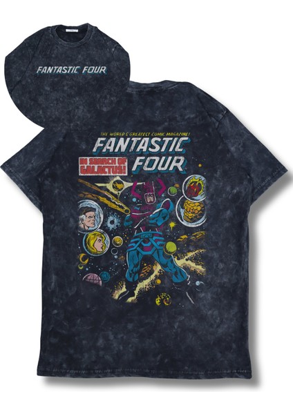 Unisex Fantastic Four Yazılı Sırt Baskılı Yıkamalı T-Shirt, Oversize Mar Vel Temalı Retro Tişört