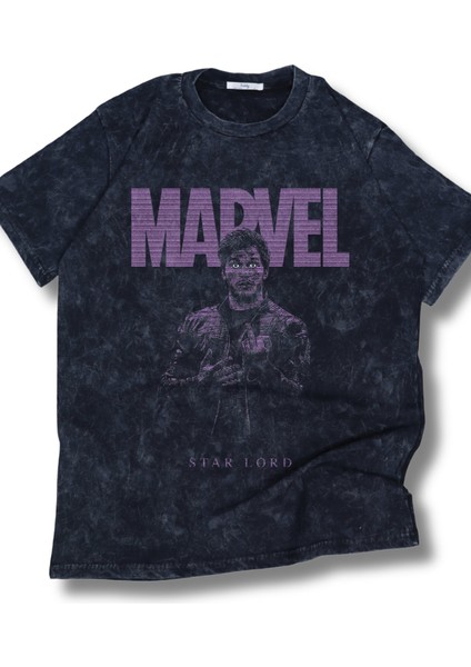Unisex Star Lord Baskılı Yıkamalı T-Shirt, Oversize Mar Vel Yazılı Vintage Tişört