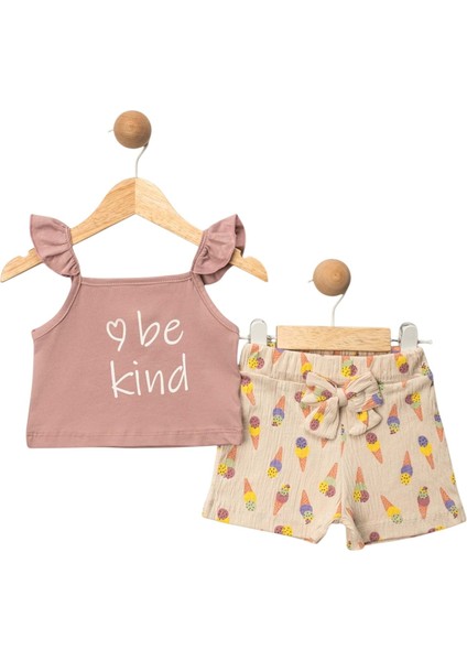 Askılı Fiyonklu Baskılı Kız Takım Gül Kurusu