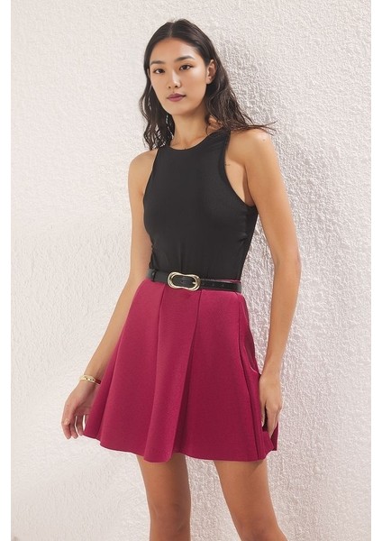 Bordo Pileli Mini Örme Etek