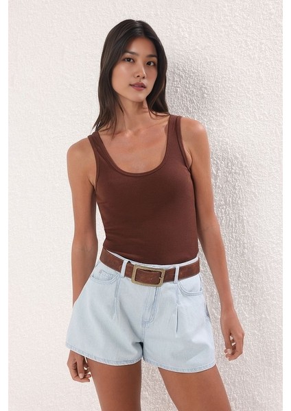 Kahverengi Fitted Havuz Yaka Fitilli Esnek Örme Atlet