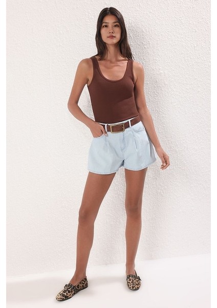 Kahverengi Fitted Havuz Yaka Fitilli Esnek Örme Atlet fiyatları