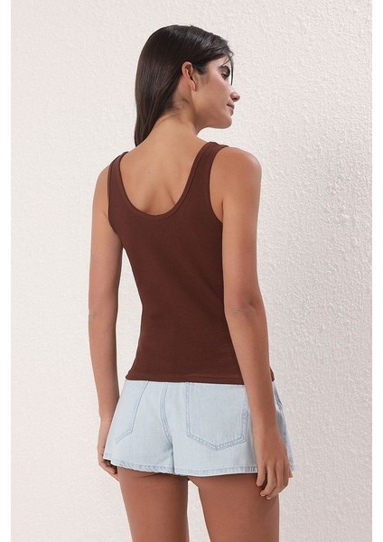 Kahverengi Fitted Havuz Yaka Fitilli Esnek Örme Atlet fırsatları