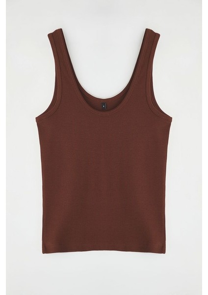 Kahverengi Fitted Havuz Yaka Fitilli Esnek Örme Atlet indirimleri