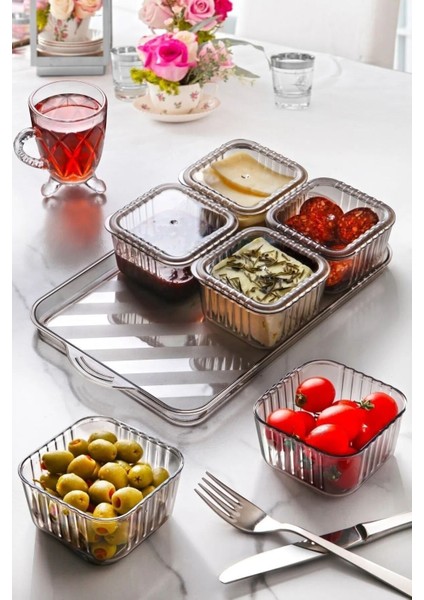 6 Bölmeli Kare Kapaklı Lüks Kahvaltılık ve Saklama Seti, Modern ve Şık Tasarım