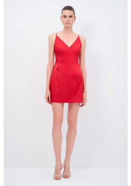 V Yaka Mini Elbise Kirmizi 12445475000
