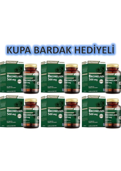 Bromelain 500 mg 60 Tablet 6 Adet Kupa Bardak Hediyeli