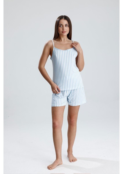 Kadın Dikey Çizgili Ip Askılı Mini Şort Takım | Mavi
