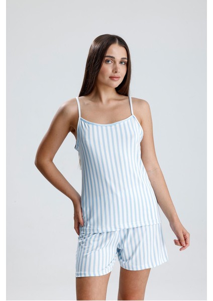 Kadın Dikey Çizgili Ip Askılı Mini Şort Takım | Mavi fiyatları