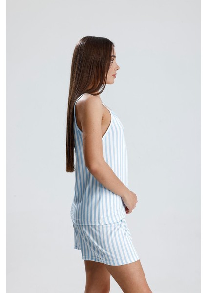 Kadın Dikey Çizgili Ip Askılı Mini Şort Takım | Mavi modelleri