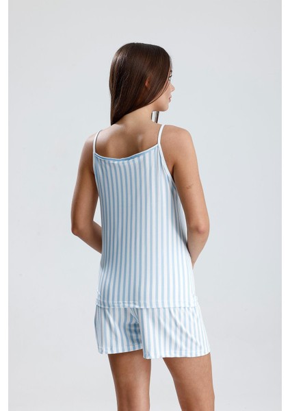 Kadın Dikey Çizgili Ip Askılı Mini Şort Takım | Mavi fırsatları